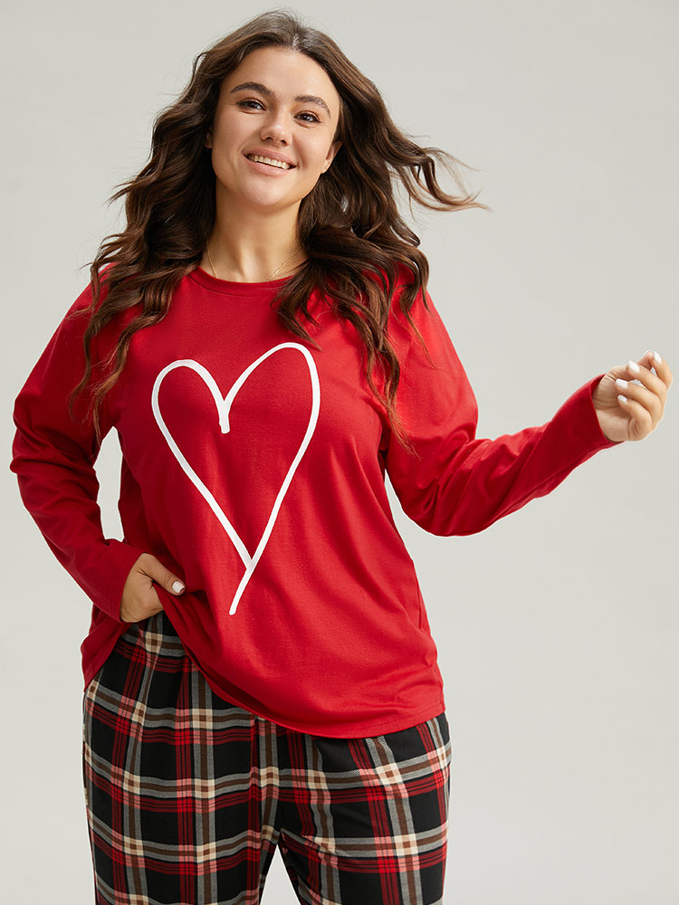 

Plus Size Heart Print Raglan Sleeve Crew Neck Sleep Top Red Art&design Festival-Christmas Casual  Bloomchic