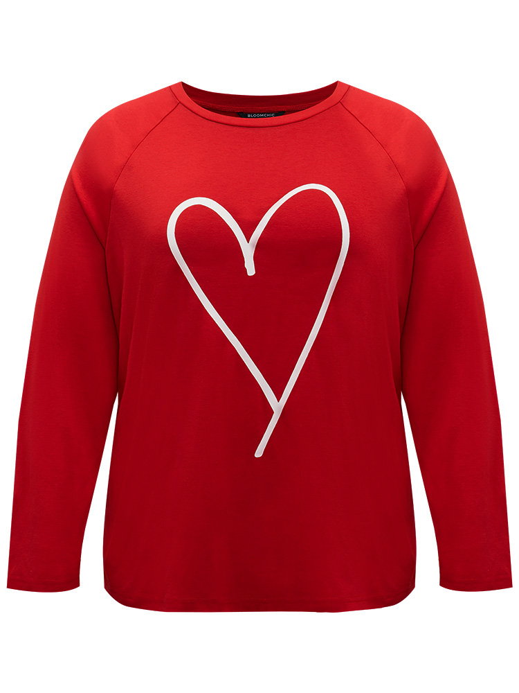 

Plus Size Heart Print Raglan Sleeve Crew Neck Sleep Top Red Art&design Festival-Christmas Casual  Bloomchic