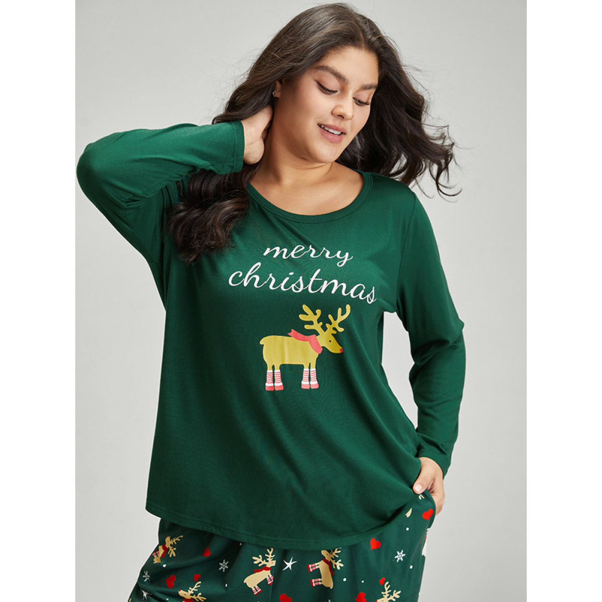 

Plus Size Christmas Elk Print Round Neck Sleep Top DarkGreen Christmas Long Sleeve Round Neck Festival-Christmas Casual  Bloomchic