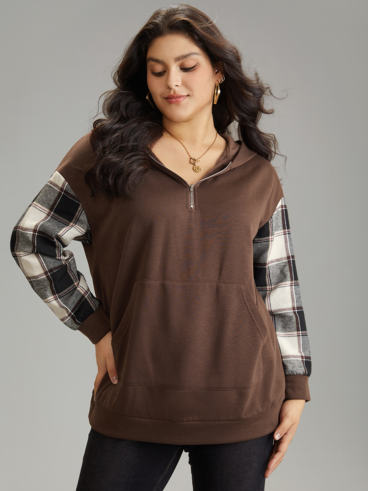 Plus Size Women Everyday Plaid Zipper Regular Regular Sleeve Long Sleeve Hooded Pocket Casual Sweatshirts BloomChic 