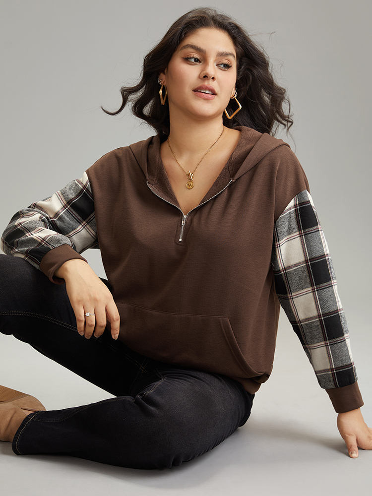 Plus Size Women Everyday Plaid Zipper Regular Regular Sleeve Long Sleeve Hooded Pocket Casual Sweatshirts BloomChic 