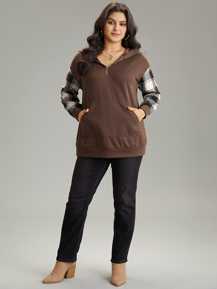 Plus Size Women Everyday Plaid Zipper Regular Regular Sleeve Long Sleeve Hooded Pocket Casual Sweatshirts BloomChic 