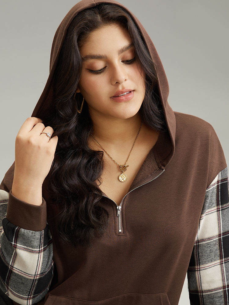 

Plus Size Plaid Patchwork Half Zip Pocket Hooded Sweatshirt Women DarkBrown Casual Zipper Hooded Everyday Sweatshirts BloomChic