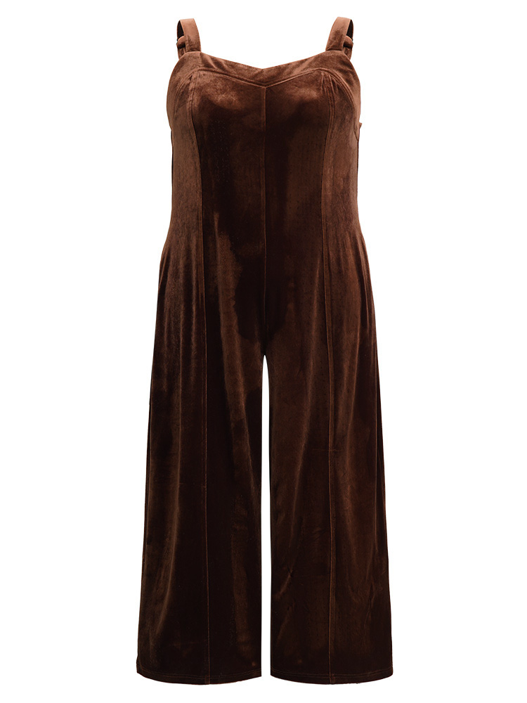 Plus Size Chocolate Plain Velvet Spaghetti Strap Pocket Jumpsuit Women Casual Sleeveless Spaghetti Strap Dailywear Loose Jumpsuits BloomChic 22-24/3X 