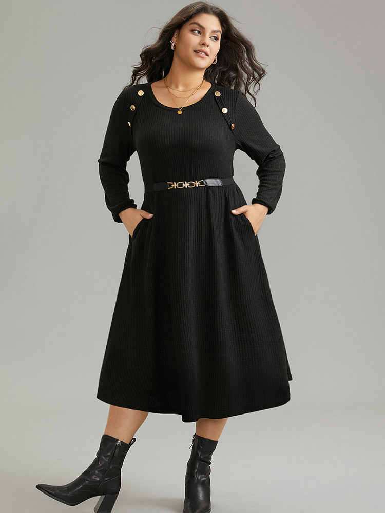 

Plus Size Solid Rib Knit Button Detail Elastic Waist Dress Black Women Elegant Elastic cuffs Round Neck Long Sleeve Curvy Midi Dress BloomChic