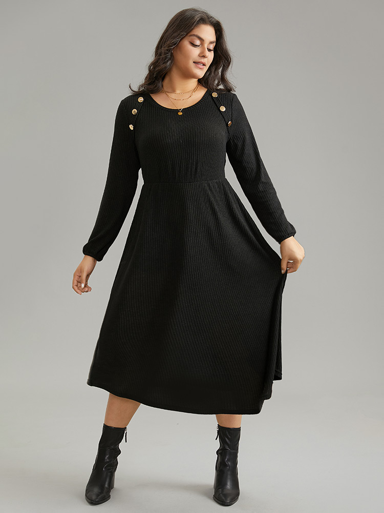 

Plus Size Solid Rib Knit Button Detail Elastic Waist Dress Black Women Elegant Elastic cuffs Round Neck Long Sleeve Curvy Midi Dress BloomChic