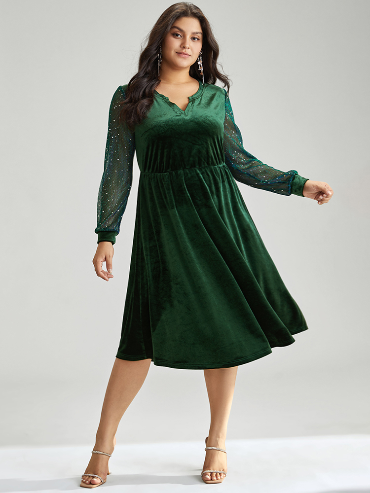 

Plus Size Velvet Sequin Patchwork Elastic Waist Notched Dress DarkGreen Women Glamour Velvet Notched collar Long Sleeve Curvy Midi Dress BloomChic