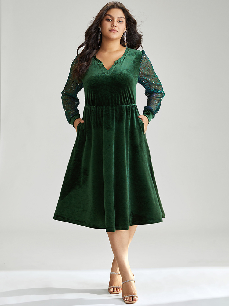 Plus Size Velvet Sequin Patchwork Elastic Waist Notched Dress DarkGreen Women Glamour Velvet Notched collar Long Sleeve Curvy Midi Dress BloomChic 14-16/1X 