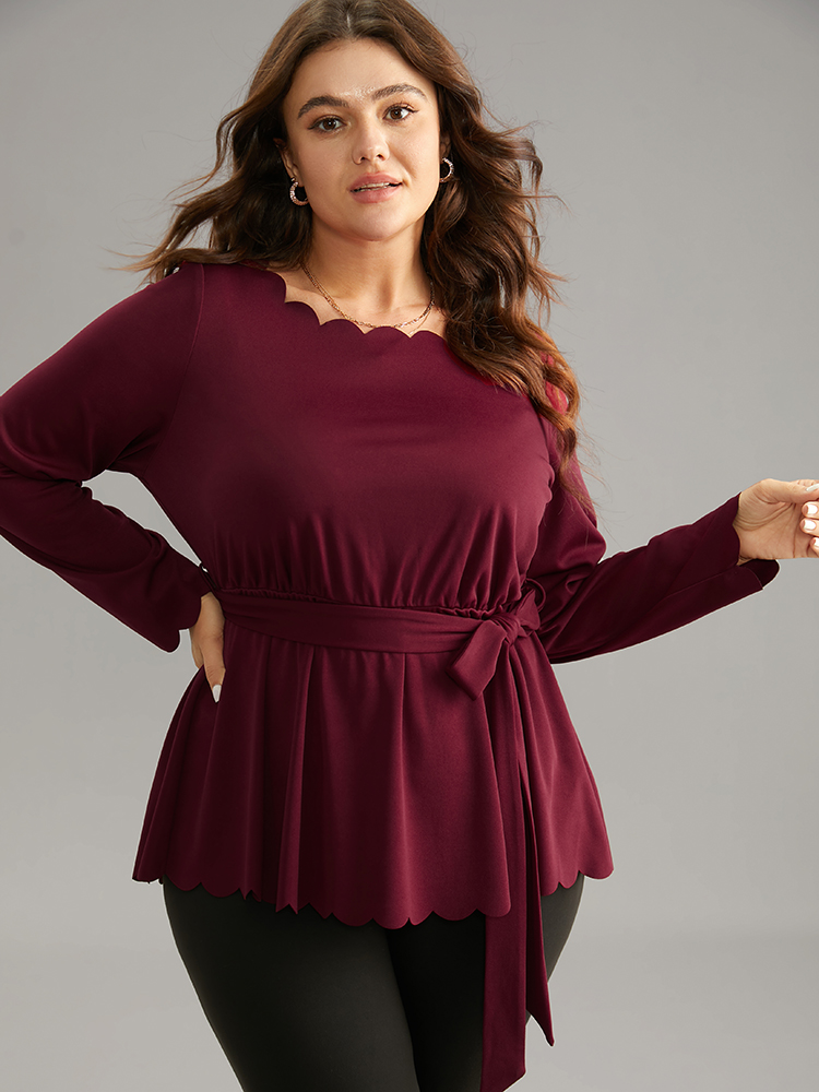 

Plus Size Scarlet Solid Scalloped Trim Elastic Waist Belted Blouse Women Office Long Sleeve Round Neck Party Blouses BloomChic