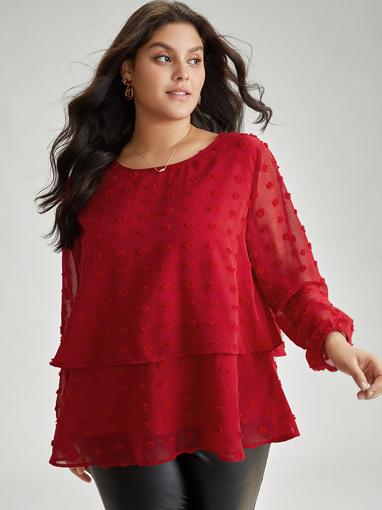 

Plus Size Scarlet Solid Textured Lantern Sleeve Tiered Hem Blouse Women Elegant Long Sleeve Round Neck Everyday Blouses BloomChic