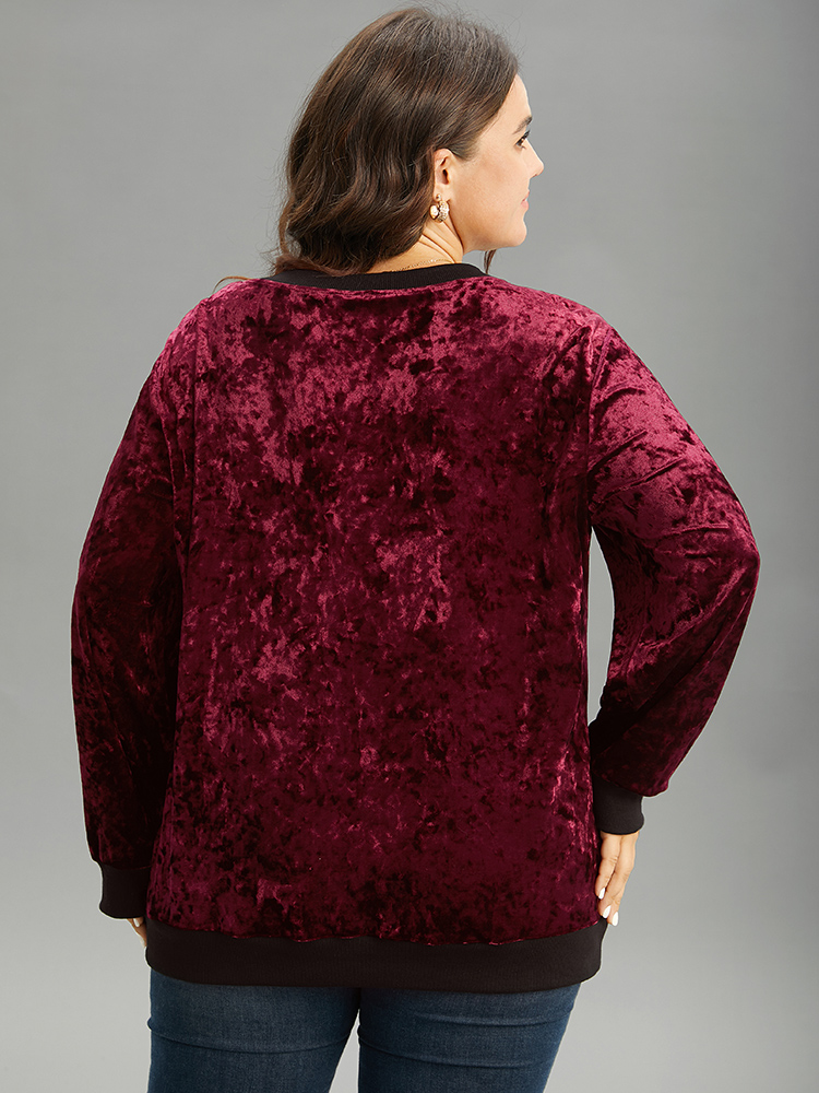 

Plus Size Velvet Contrast V Neck Rib Knit Sweatshirt Women Raspberry Casual Velvet V-neck Festival-Christmas Sweatshirts BloomChic