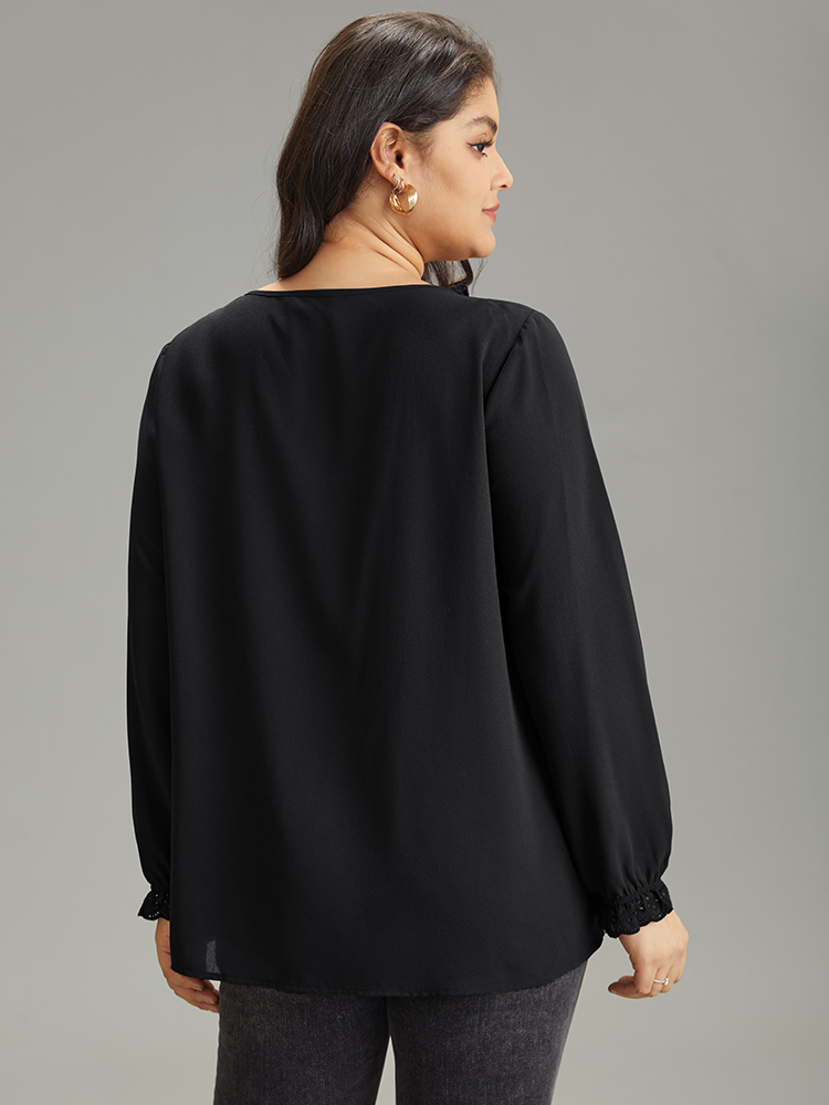 Plus Size Black Guipure Lace Laser Cut Patchwork Lantern Sleeve Blouse Women Elegant Long Sleeve V-neck Everyday Blouses BloomChic 14-16/1X 