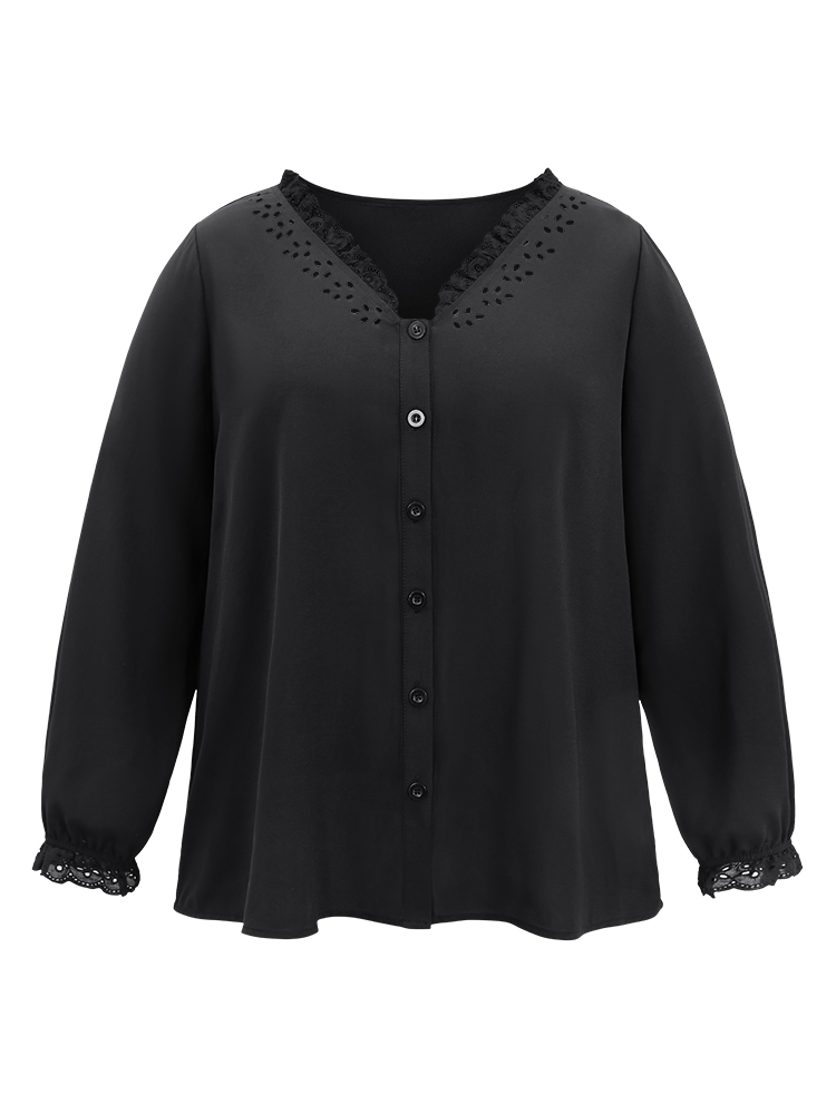 Plus Size Black Guipure Lace Laser Cut Patchwork Lantern Sleeve Blouse Women Elegant Long Sleeve V-neck Everyday Blouses BloomChic 14-16/1X 