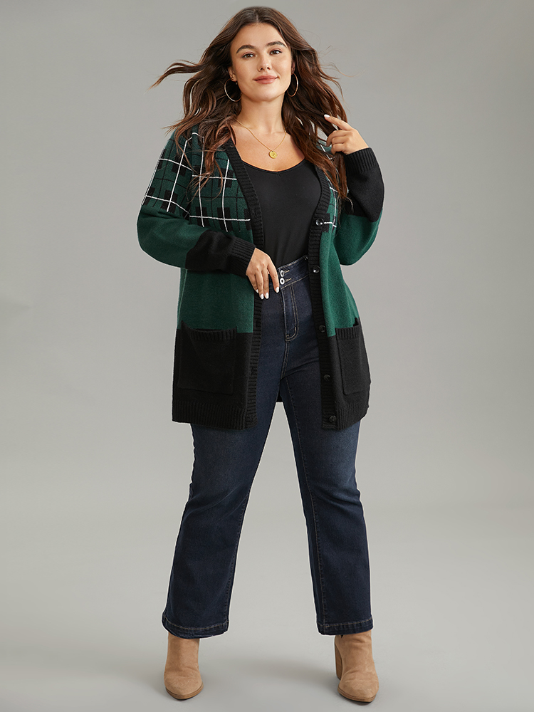 

Plus Size Supersoft Essentials Plaid Geometric Contrast Pocket Cardigan DarkGreen Women Casual Loose Long Sleeve Dailywear Cardigans BloomChic