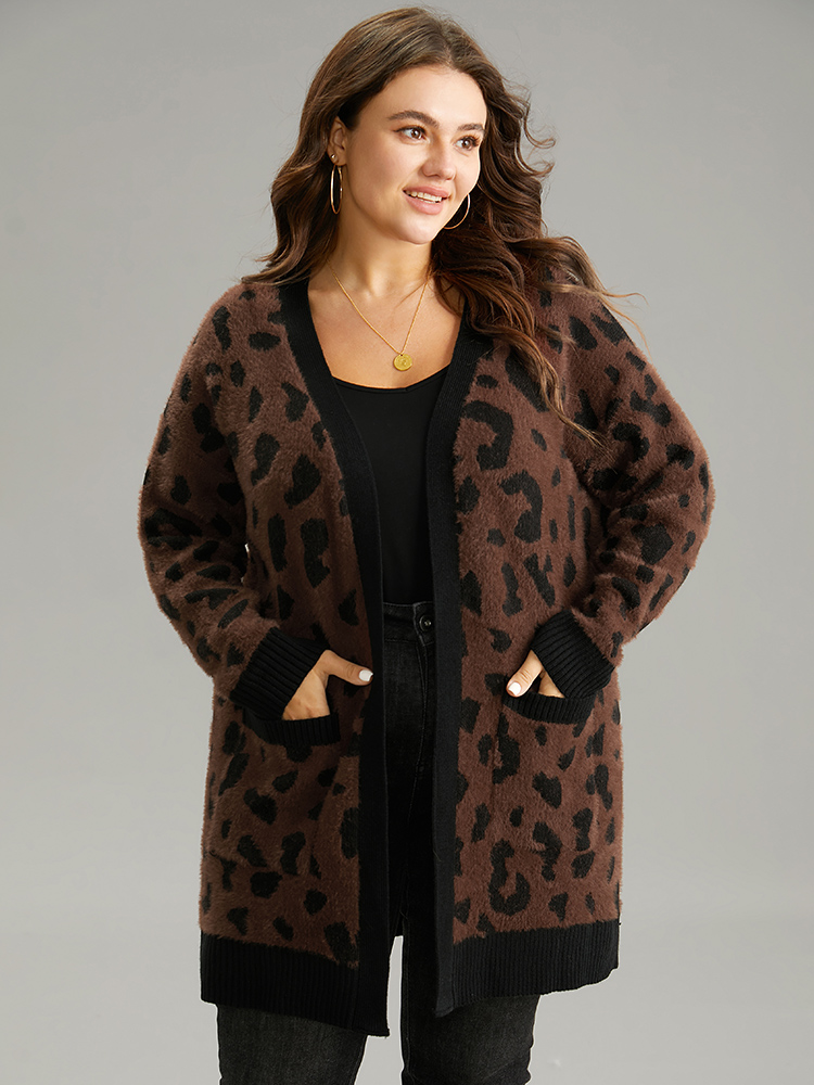 

Plus Size Leopard Contrast Open Front Jacquard Cardigan DarkBrown Women Casual Loose Long Sleeve Everyday Cardigans BloomChic