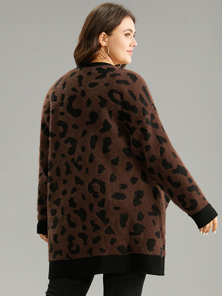 

Plus Size Leopard Contrast Open Front Jacquard Cardigan DarkBrown Women Casual Loose Long Sleeve Everyday Cardigans BloomChic