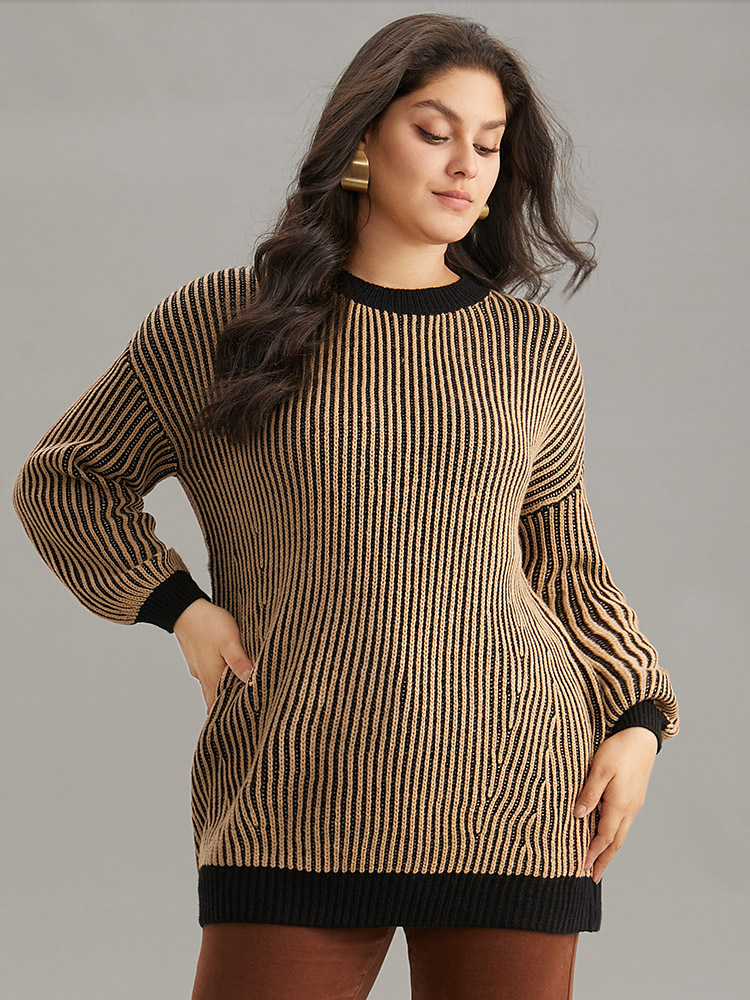 

Plus Size Striped Contrast Round Neck Pullover Tan Women Casual Loose Long Sleeve Round Neck Dailywear Pullovers BloomChic