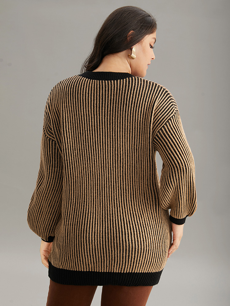 

Plus Size Striped Contrast Round Neck Pullover Tan Women Casual Loose Long Sleeve Round Neck Dailywear Pullovers BloomChic