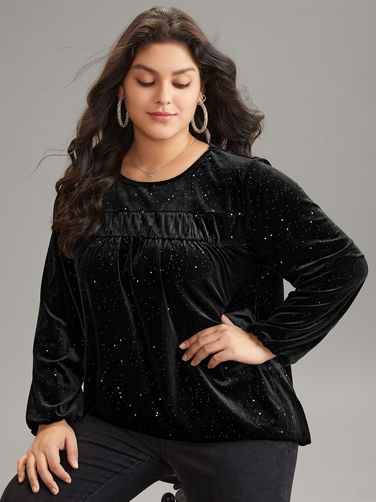 

Plus Size Black Velvet Seam Detail Pleated Blouse Women Glamour Long Sleeve Round Neck Going out Blouses BloomChic
