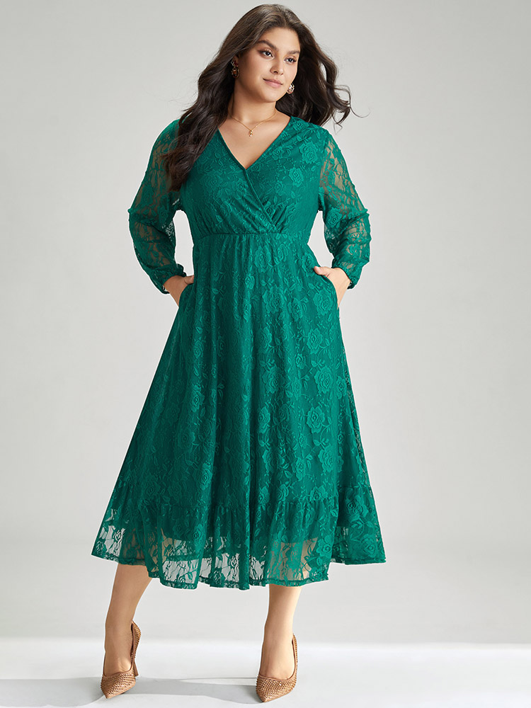 

Plus Size Floral Crochet Lace Mesh Overlap Collar Dress Cyan Women Office Elastic cuffs Overlap Collar Long Sleeve Curvy Midi Dress BloomChic