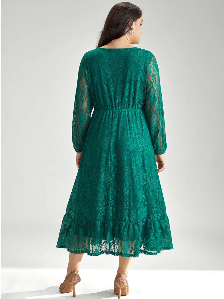 

Plus Size Floral Crochet Lace Mesh Overlap Collar Dress Cyan Women Office Elastic cuffs Overlap Collar Long Sleeve Curvy Midi Dress BloomChic