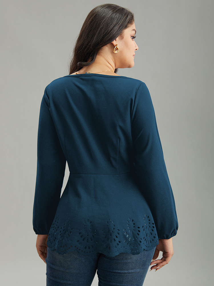 

Plus Size Cyan Plain Laser Cut Button Detail Blouse Women Elegant Long Sleeve Square Neck Dailywear Blouses BloomChic