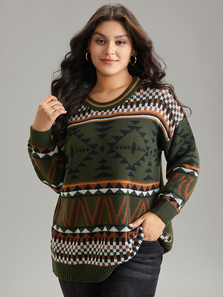 

Plus Size Geometric Contrast Crew Neck Drop Shoulder Pullover DarkGreen Women Casual Loose Long Sleeve V-neck Everyday Pullovers BloomChic