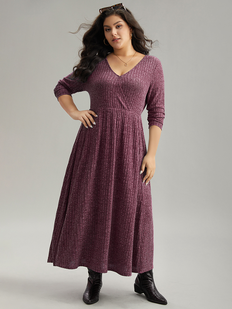 

Plus Size Solid Rib Knit Overlap Collar Pocket Dress Purple Women Casual Texture Overlap Collar Long Sleeve Curvy Midi Dress BloomChic