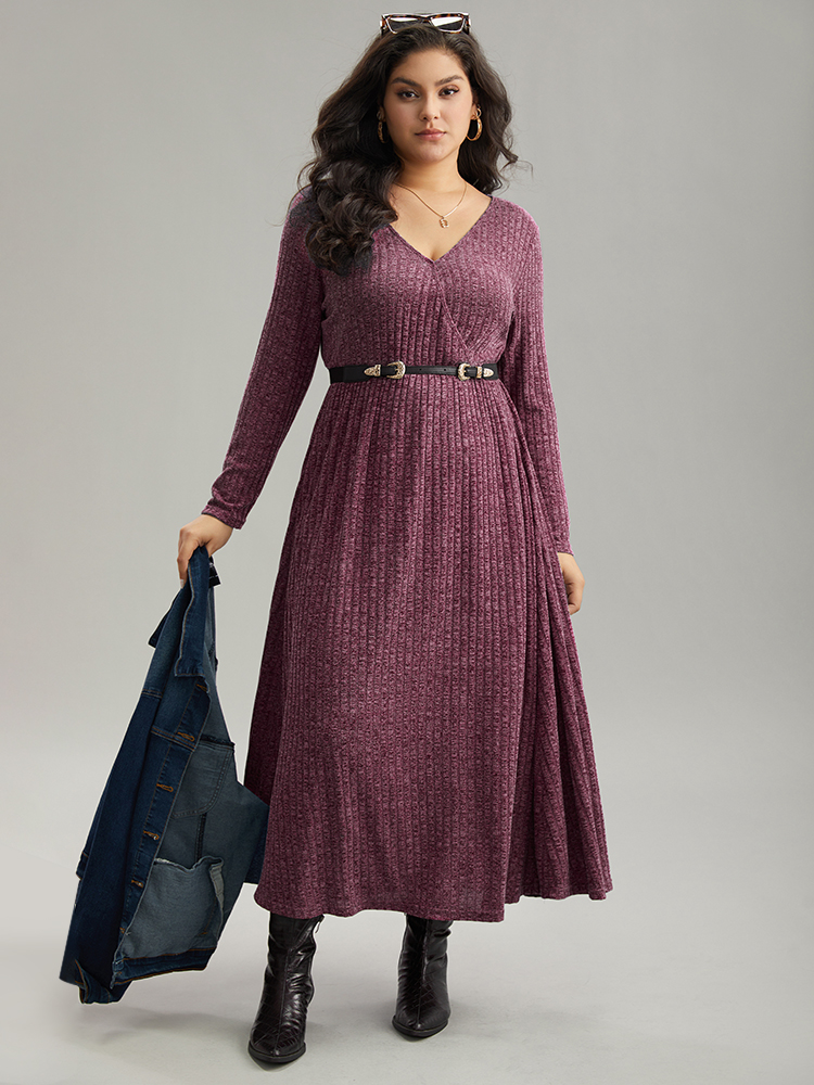 

Plus Size Solid Rib Knit Overlap Collar Pocket Dress Purple Women Casual Texture Overlap Collar Long Sleeve Curvy Midi Dress BloomChic