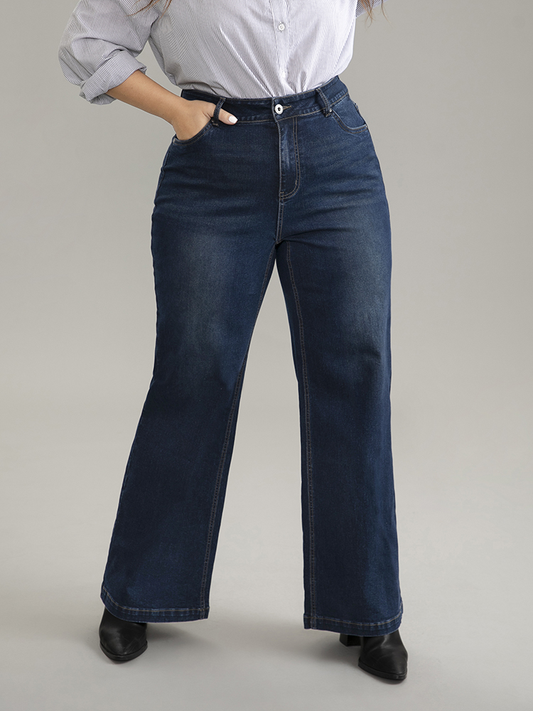 Plus Size Vintage Dark Wash Wide Leg Jeans Women Midnight Casual Plain Plain High stretch Pocket Jeans BloomChic 10/M 