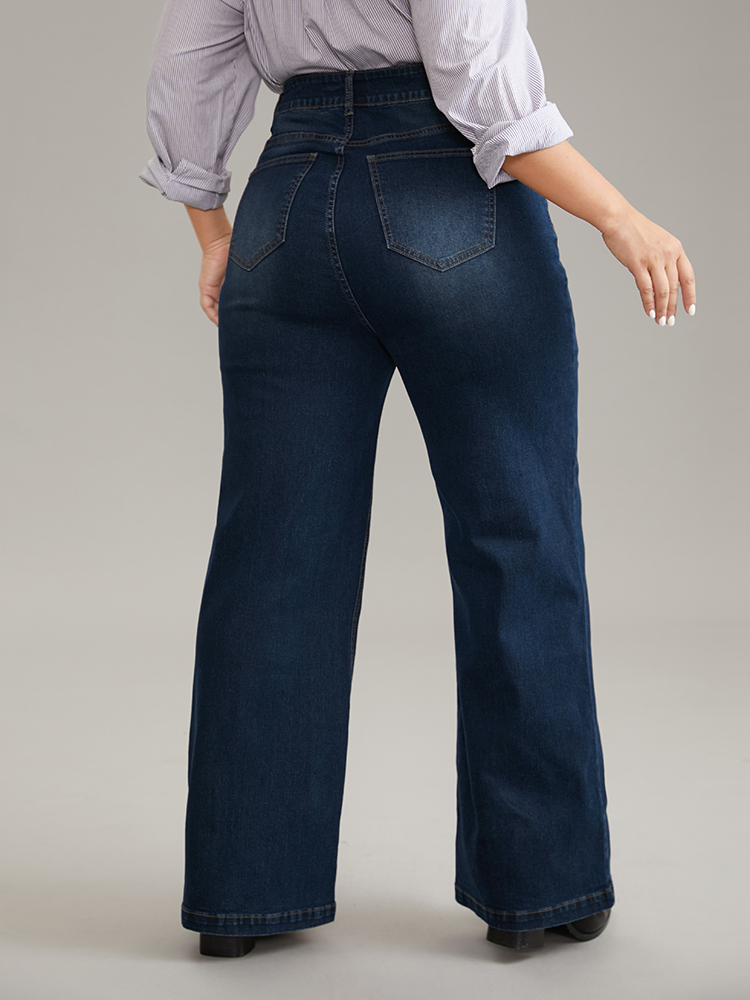 Plus Size Vintage Dark Wash Wide Leg Jeans Women Midnight Casual Plain Plain High stretch Pocket Jeans BloomChic 10/M 