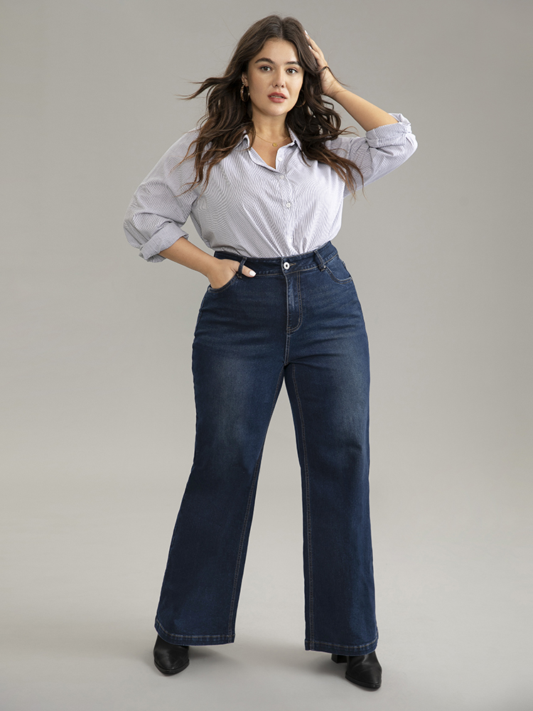 Plus Size Vintage Dark Wash Wide Leg Jeans Women Midnight Casual Plain Plain High stretch Pocket Jeans BloomChic 10/M 