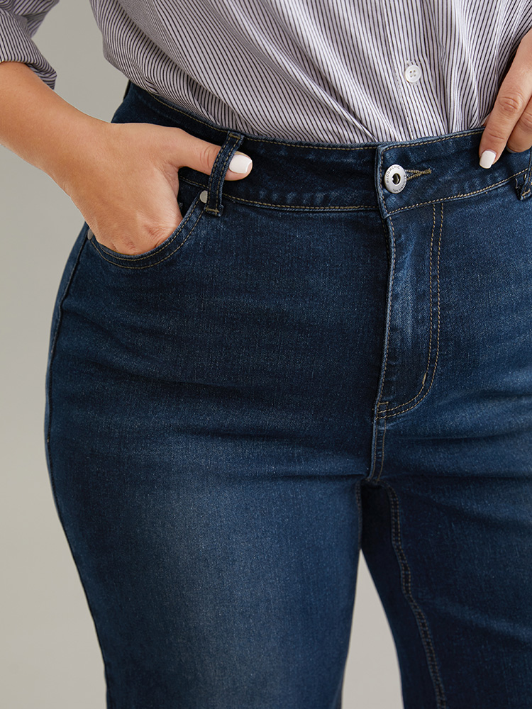 Plus Size Vintage Dark Wash Wide Leg Jeans Women Midnight Casual Plain Plain High stretch Pocket Jeans BloomChic 10/M 