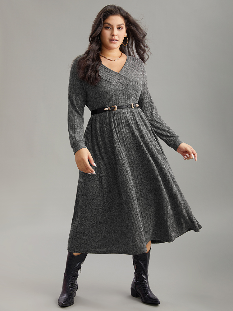 

Plus Size Rib Knit Plain Plisse Long Sleeve Dress DarkGray Women Casual Rib Knit V-neck Long Sleeve Curvy Midi Dress BloomChic