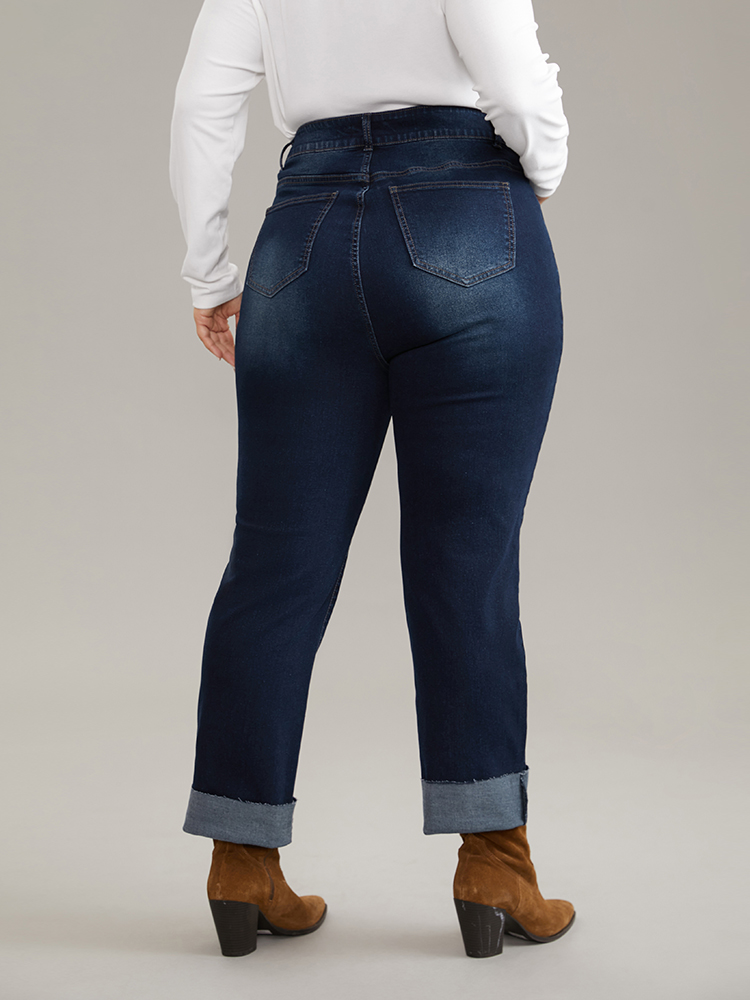 

Plus Size Solid Roll Hem Very Stretchy Straight Leg Jeans Women Indigo Casual Plain Plain High stretch Pocket Jeans BloomChic