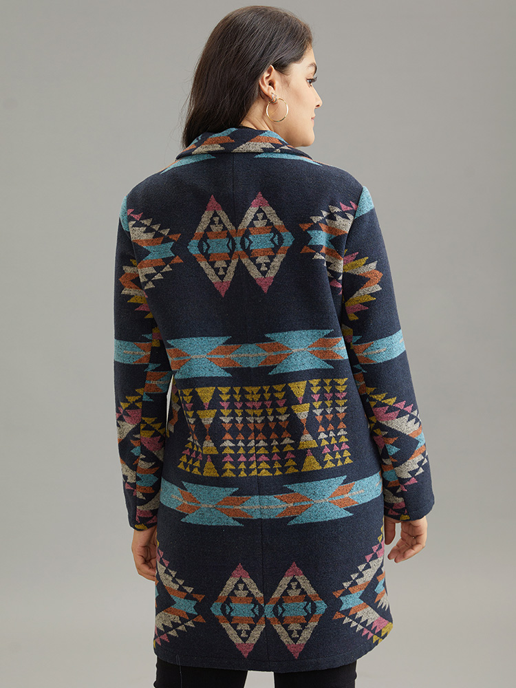Plus Size Geometric Button Up Lapel Collar Coat Women Indigo Casual Printed Ladies Dailywear Winter Coats BloomChic 14-16/1X 