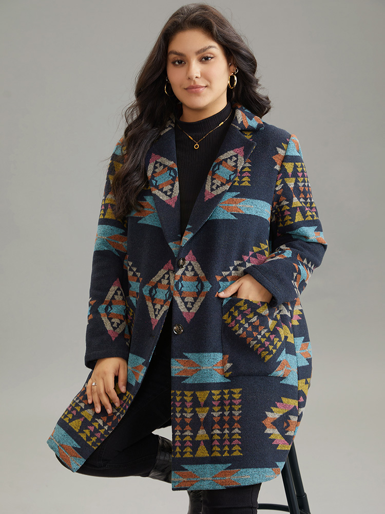 Plus Size Geometric Button Up Lapel Collar Coat Women Indigo Casual Printed Ladies Dailywear Winter Coats BloomChic 14-16/1X 