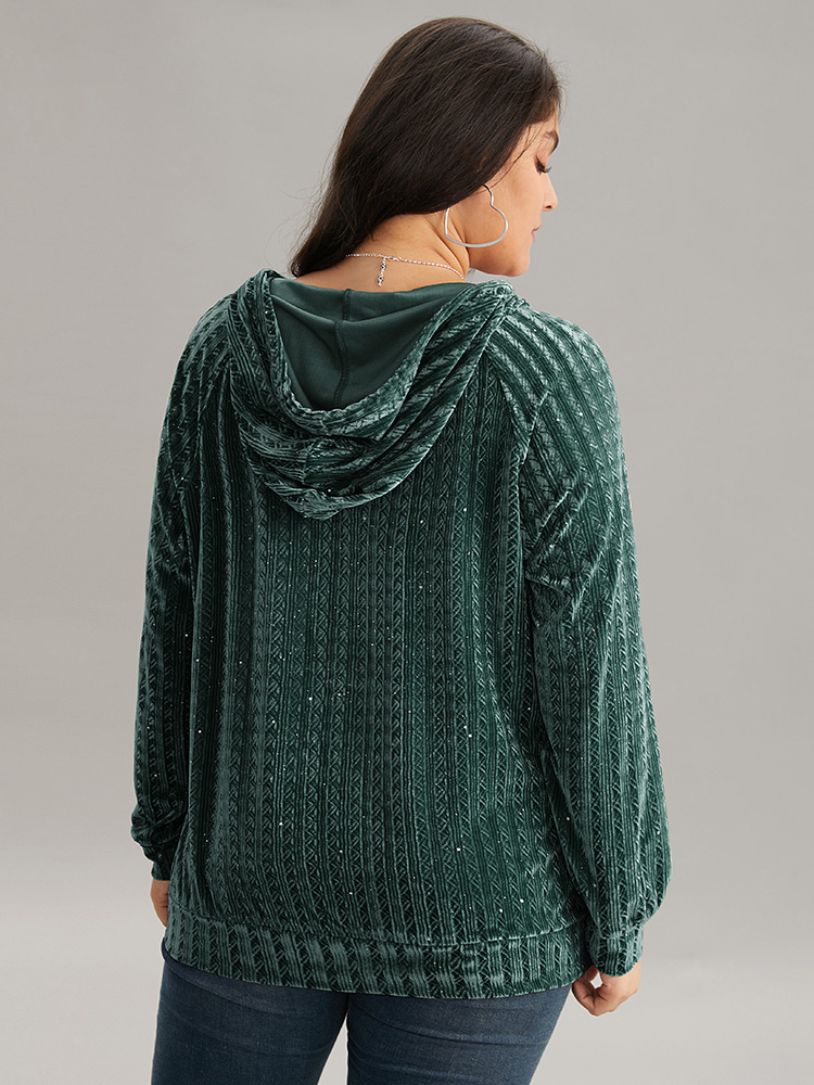 Plus Size Textured Sequin Velvet Half Zip Pocket Sweatshirt Women Green Casual Velvet Hooded Everyday Sweatshirts BloomChic 28/5X 