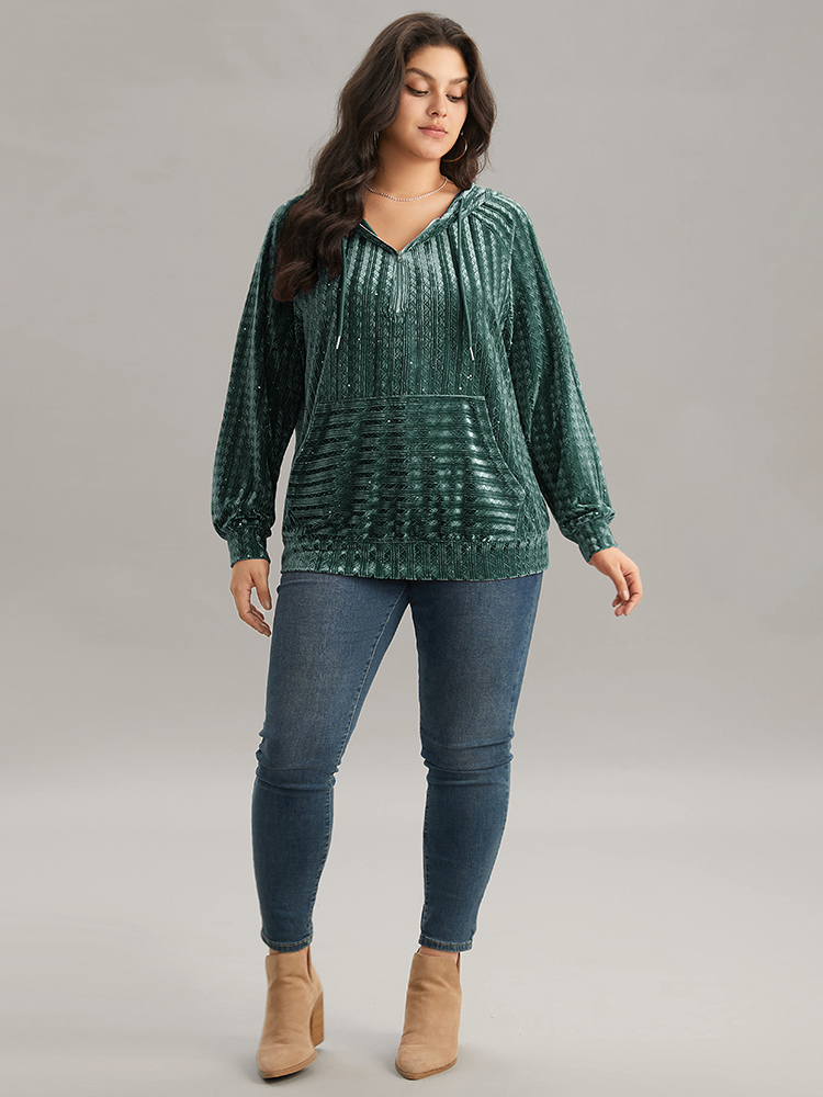 Plus Size Textured Sequin Velvet Half Zip Pocket Sweatshirt Women Green Casual Velvet Hooded Everyday Sweatshirts BloomChic 28/5X 