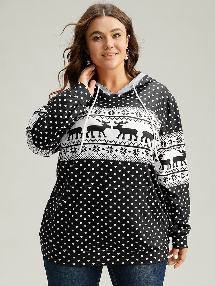 

Plus Size Christmas Elk Contrast Kangaroo Pocket Hooded Sweatshirt Women BlackFlower Casual Printed Hooded Festival-Halloween Sweatshirts BloomChic