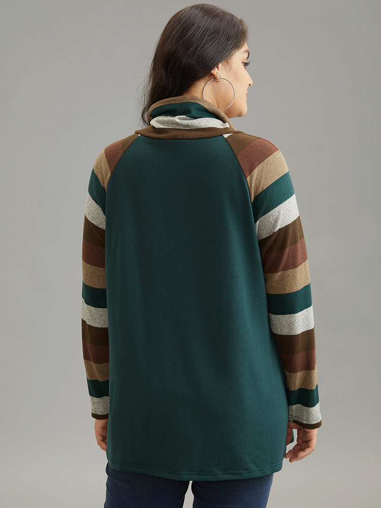 

Plus Size Mock Neck Colour Striped Drawstring Sweatshirt Women DarkGreen Casual Patchwork Mock Neck Dailywear Sweatshirts BloomChic