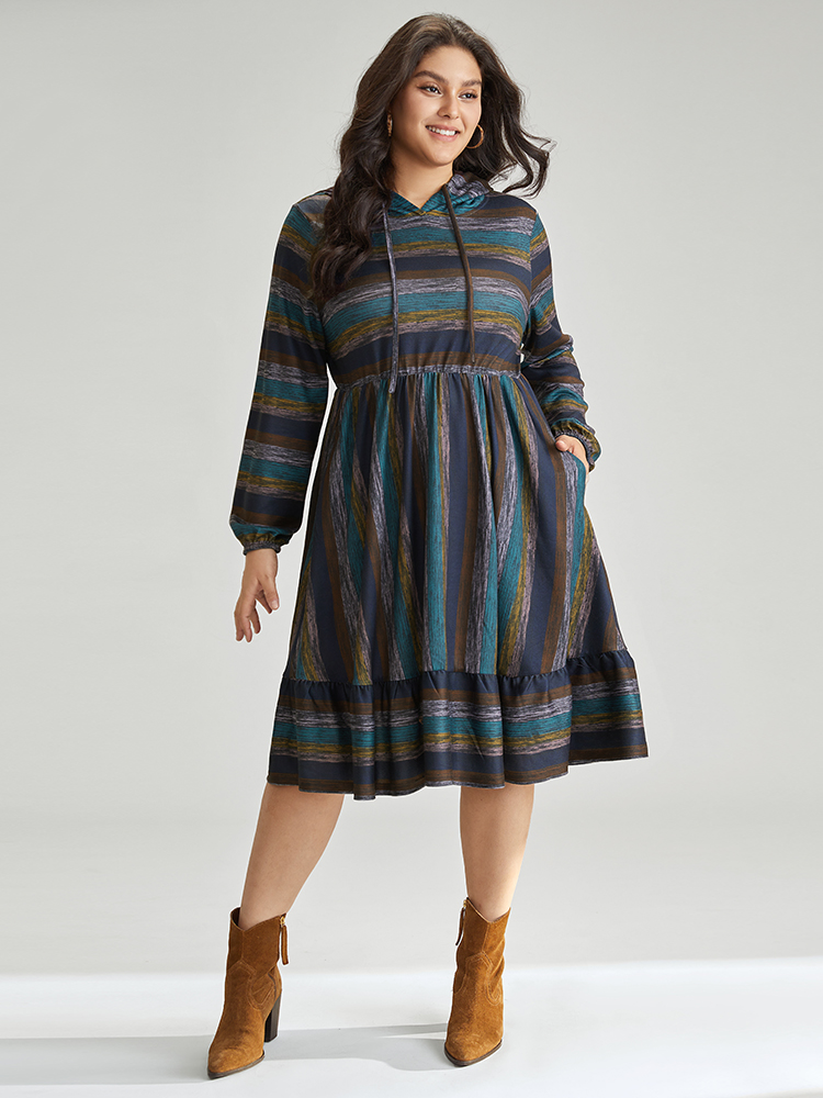 

Plus Size Striped Contrast Ruffle Layered Hem Hooded Dress Multicolor Women Casual Elastic cuffs Hooded Long Sleeve Curvy Midi Dress BloomChic