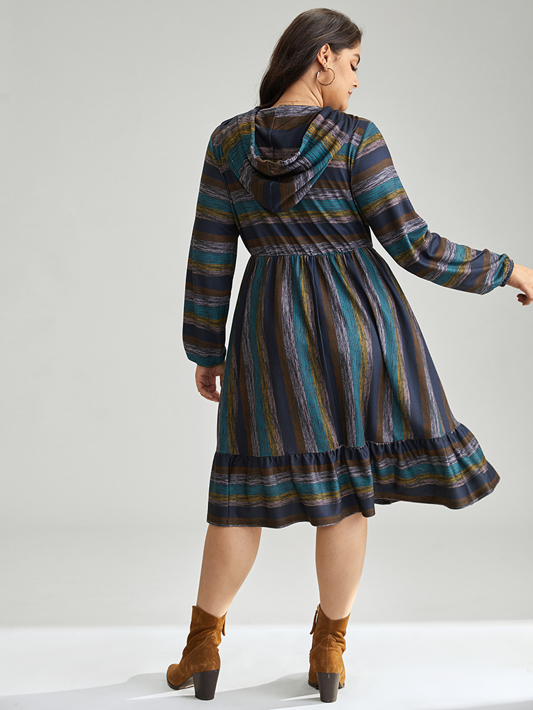 Plus Size Striped Contrast Ruffle Layered Hem Hooded Dress Multicolor Women Casual Elastic cuffs Hooded Long Sleeve Curvy Midi Dress BloomChic 26/4X 