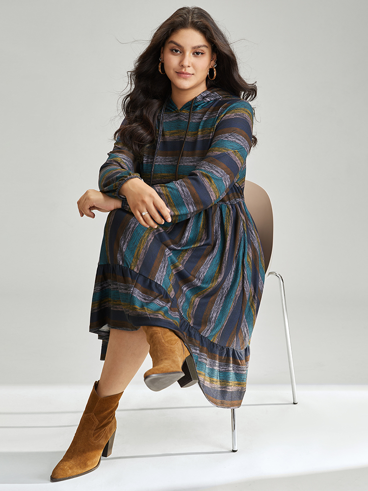 Plus Size Striped Contrast Ruffle Layered Hem Hooded Dress Multicolor Women Casual Elastic cuffs Hooded Long Sleeve Curvy Midi Dress BloomChic 26/4X 