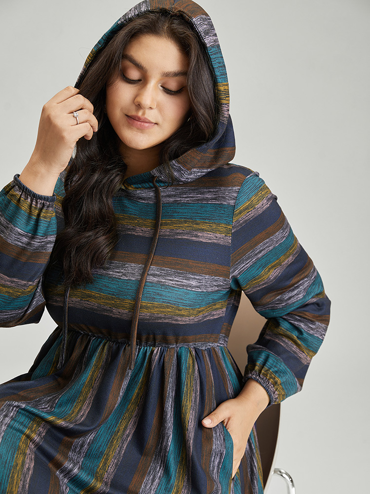 Plus Size Striped Contrast Ruffle Layered Hem Hooded Dress Multicolor Women Casual Elastic cuffs Hooded Long Sleeve Curvy Midi Dress BloomChic 26/4X 