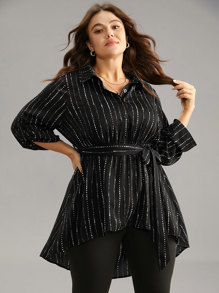 

Plus Size Black Striped Belted Shirt Collar Asymmetrical Hem Blouse Women Office Long Sleeve Shirt collar Work Blouses BloomChic