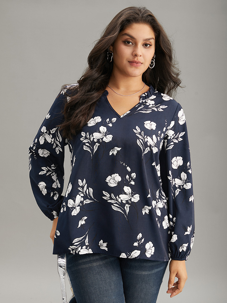 

Plus Size Indigo Silhouette Floral Print Ruffles Lantern Sleeve Blouse Women Elegant Long Sleeve V-neck Vacation Blouses BloomChic