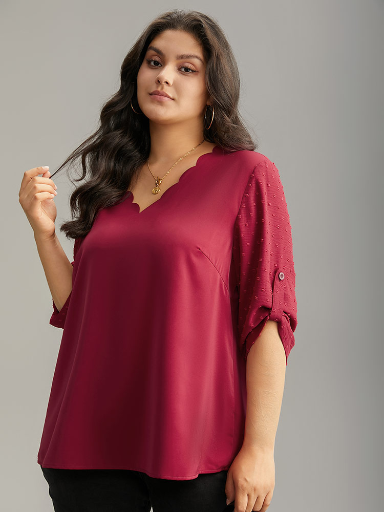 Plus Size Women Work Plain Button Regular Sleeve Elbow-length sleeve V-neck Office Blouses BloomChic 