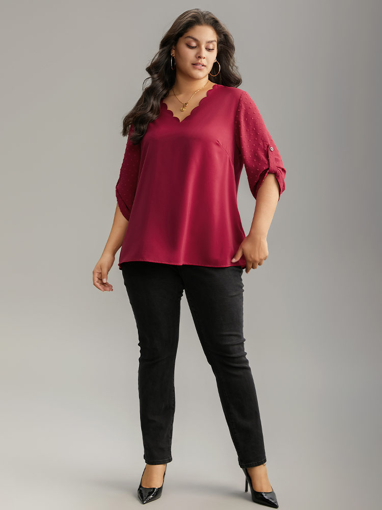 Plus Size Women Work Plain Button Regular Sleeve Elbow-length sleeve V-neck Office Blouses BloomChic 