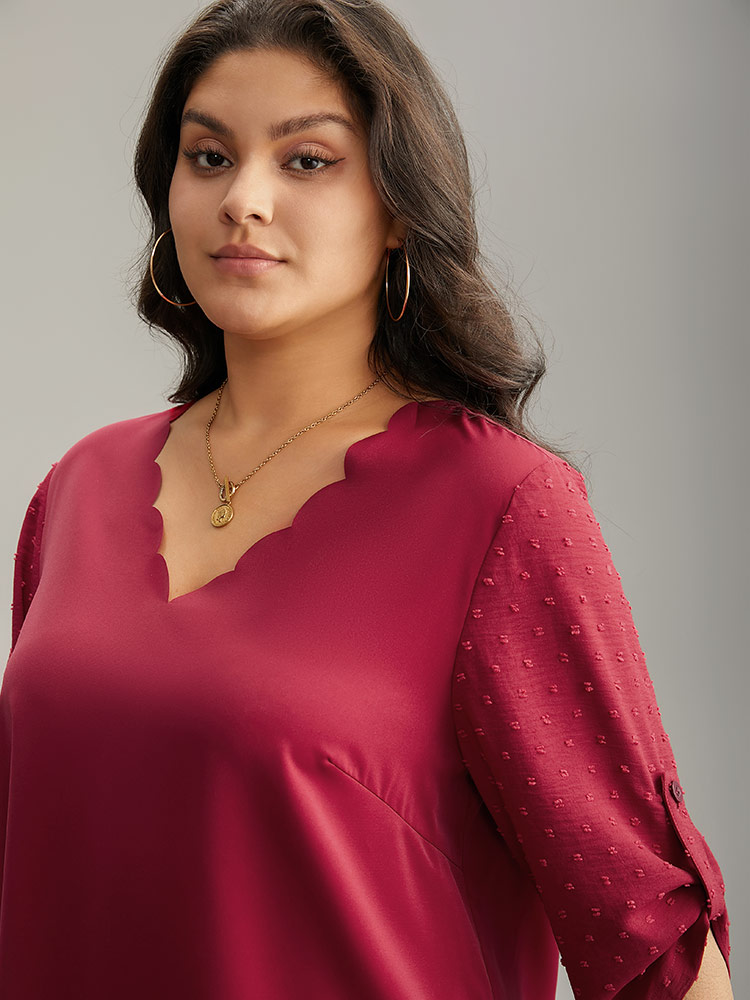 

Plus Size Scarlet Plain V Neck Tab Sleeve Scalloped Trim Blouse Women Office Elbow-length sleeve V-neck Work Blouses BloomChic